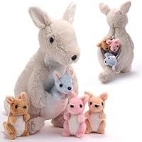 Arrowbash 5 Pcs Kangaroo Stuffed Animals, 12 Inch Large Plush Mommy Kangaroo with 4 Little Babies Soft Plush Stuffed Animals Set for Boys and Girls Easter Christmas Birthday Party Favors (Grey)