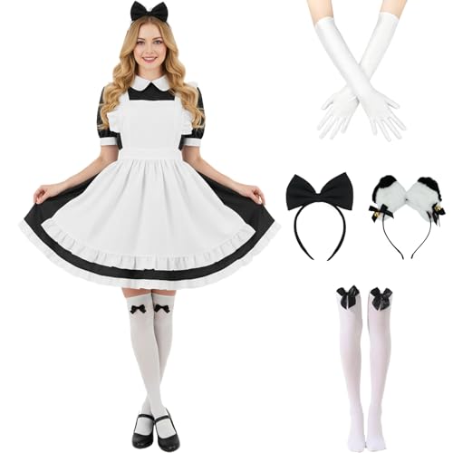 Tvnxdgl Alice Kostüm für Damen, Wunderland-Dienstmädchen-Outfit, Anime-Lolita-Kleid, Halloween, Cosplay, Dienstmädchen, Schürze, Handschuhe,...