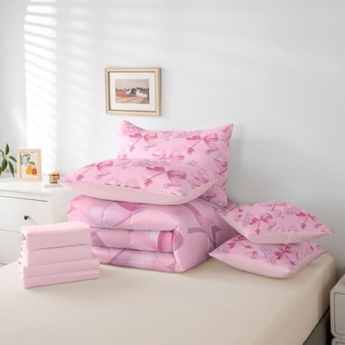 Image of Pink Bow 7 Piece Comforter Set Full Bed in a Bag | Cute Bowknot Bedding Sets Dreamy Princess Style Ribbon Bow Tie Comforter and Sheet Set, Girly Floral Bed Sets,Kawaii Room Decor Aesthetic