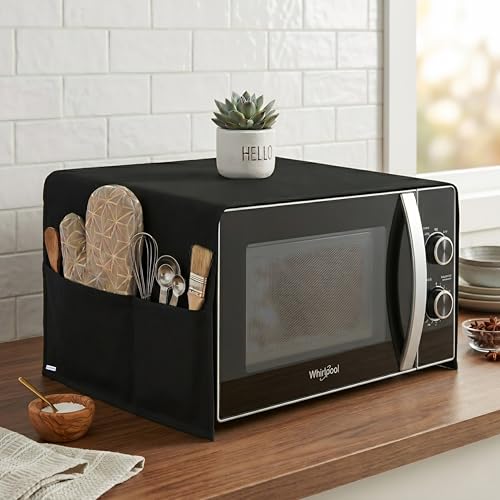 Image of Microwave Oven Top Cover - Durable, Dustproof, Waterproof Microwave Cover, Oven and Microwave Top Cover with Modern Design and 4 Side Pockets (BLACK, GENERAL)