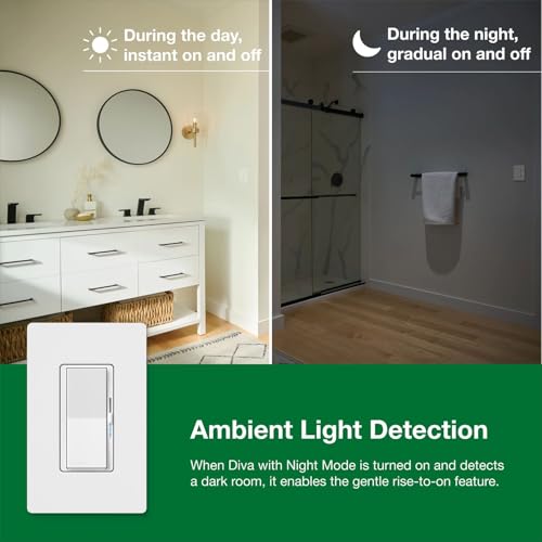 Image of Lutron Diva LED+ Dimmer Switch with Night Mode for Bathrooms, Paddle Dimmer Switch for Dimmable LED Bulbs, UL Listed, Single-Pole /3-Way, No Neutral Wire Required, White (DVCLN-153PG-WH)