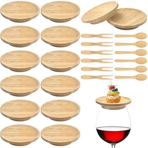 Sibosen 12 Pcs 4" Wine Glass Charcuterie Topper Bamboo Round Wine Glass Charcuterie Board Topper Dual Use Wine Glass Topper Appetizer Plates for Family Gatherings, Restaurants, Bars Cover