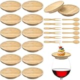 Sibosen 12 Pcs 4' Bamboo Round Wine Glass Charcuterie Board Topper Dual Use Appetizer Plates for Family Gatherings, Restaurants, Bars
