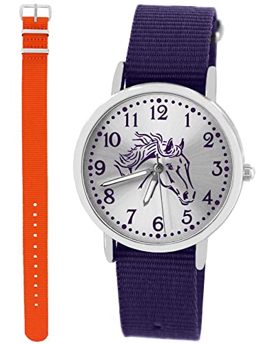 Pacific Time Kinder Armbanduhr Mädchen Junge Pferd Motivuhr Kinderuhr Set 2 Textil Armband violett + eines wie ausgewählt analog Quarz