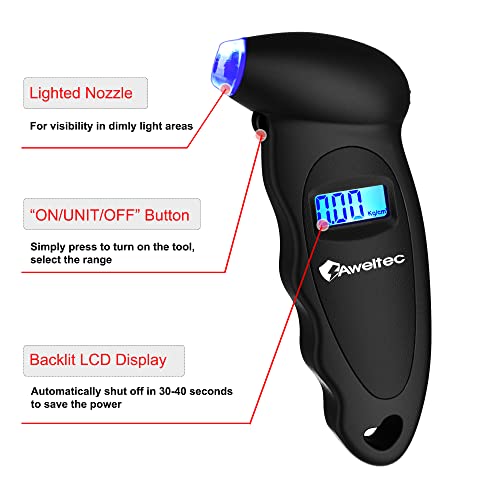 Aweltec Digital Tire Pressure Gauge 150 Psi, 4 Settings, Tire Gauge For Car, Truck, Motorcycle, Bicycle With Backlit Lcd And Non-Slip Grip (Black) #TOP4