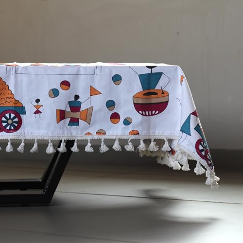 Image of LORETO - A QUALITY LINEN BRAND 100% Pure Cotton Rectangular Table Cover with Tassels (48x72 Inch) - Tablecloth for 6 Seater Dining Table, Multicolor Tribal Motifs on Crisp White