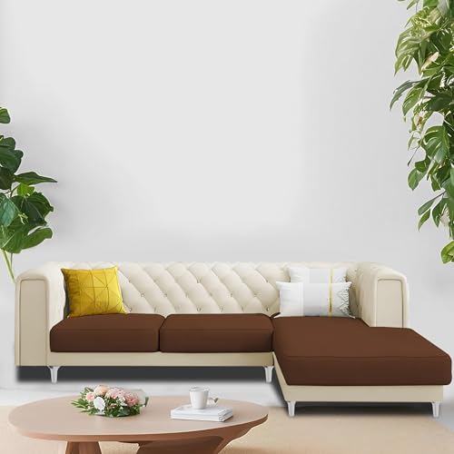 Image of Casaliving - Oliver RHS 4 Seater L Shape Sofa Set for Living Room (Cream Brown Fabric) Premium Fabric Sofa