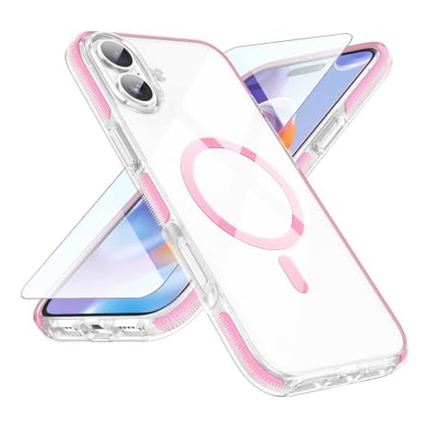 MATEPROX Magnetic Clear Compatible with iPhone 16 Case[2024],[Compatible with MagSafe][Never Yellowing] Anti-Slip Military Protective Bumpers Cover 6.1" with Screen Protector-Pink Cover