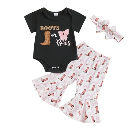 SAYOO Western Baby Girl Clothes Boots or Bows Letter Bodysuit Romper Cow Print Flared Pants Headband Cowgirl Country Outfit (Black, 3-6 Months)