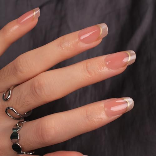 Short Almond Press On Nails Nude Glitter French Tips with