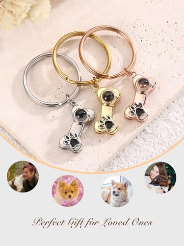 PiercingJak Foto Schlüsselanhänger mit Bild Projektion Hunde Knochen Anhänger mit Gravur Pfotenabdruck Haustier Memorial Gedenken Schlüsselbund Personalisierte Geschenke für Tierliebhaber