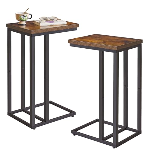 Aibiju Juego de 2 Mesas Auxiliares en Forma de C, Mesa Auxiliar para Sofá, Mesa de Café para Computadora Portátil,para Sala de Estar, Dormitorio, Marco de Metal Rústico Marrón y Negro, YD-TM051HB-2
