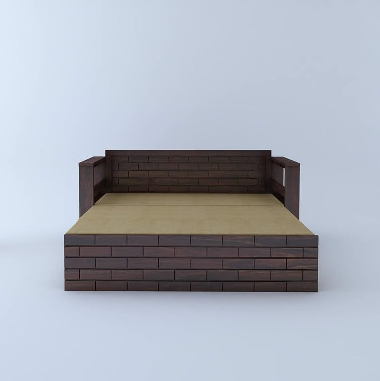 Image of Solid Sheesham Wood Sofa Cum Bed 3 Seater | Wooden Foldable Double Bed for Living Room with Headboard & Storage | Bed Cum Sofa with Mattress for Bedroom Furniture (Walnut Finish)