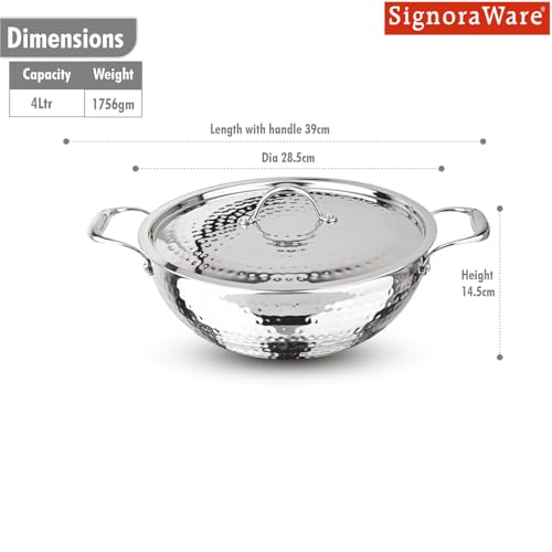 Image of Signoraware Artista Tri Ply Stainless Steel Hammered Shallow Kadhai 26cm with Lid | Gas & Induction Compatible | Stylish Indian Kadhai for Healthy Meal | Ideal for Daily Cooking (4 LTR | Steel)