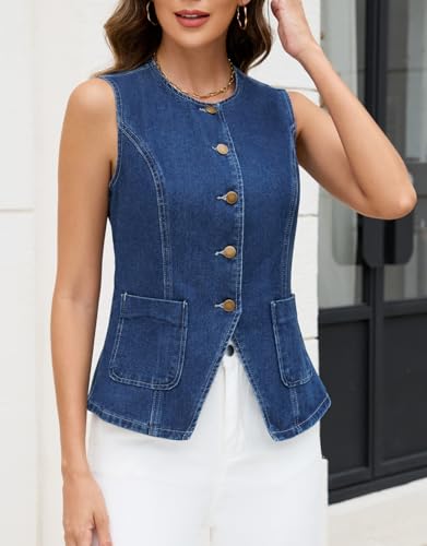 Ladyful Womens Denim Vest Top Sleeveless Jean vest Button Down Western Denim Waistcoat Suit Top2