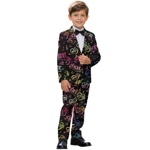 Xoenoiee Costume formel 2 pièces pour garçons - Coupe ajustée - Costume de smoking pour enfants, Notes de musique colorées, 11-12 ans
