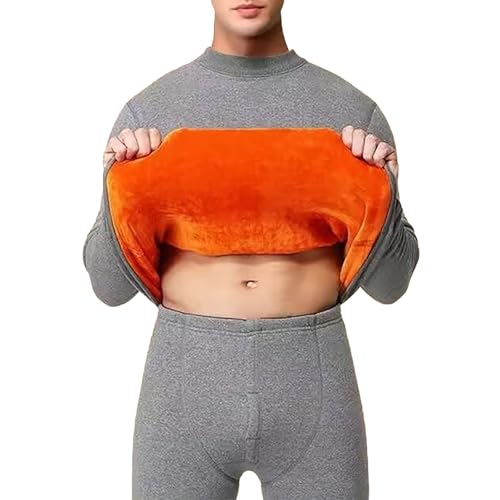 Conjunto de ropa interior térmica para hombre con forro polar naranja, camiseta de cuello alto y leggings, capa base súper cálida con forro polar cálido para invierno, gris, M