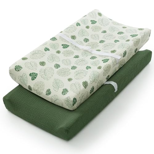 Image of Muslin Changing Pad Cover & Changing Pad Bundle (Monstera Leaves&Dark Green, Woodland Blue)