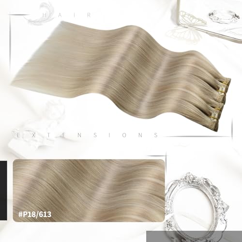 Moresoo Human Hair Extensions Clip in Real Hair Ash Blonde with Bleached Blonde Clip in Hair Extensions Remy Human Mid-length Hair Layered Add Volume 14 Inch 5pcs/80g #P18/613 - Image 2