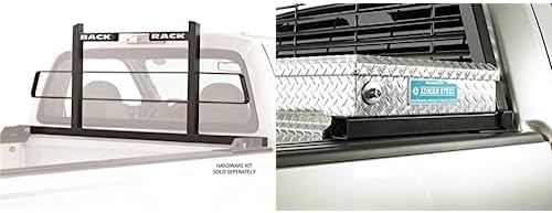 Image showing the BACKRACK Original Rack installed on a truck bed, with a separate view of a toolbox mounted with the rack.