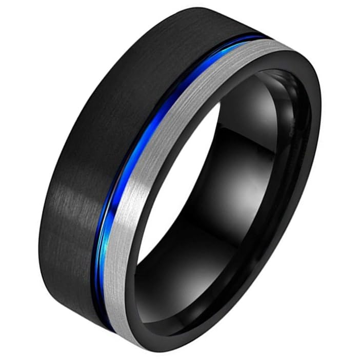 Bague en tungstène homme pour un style urbain chic avec rainure bleue