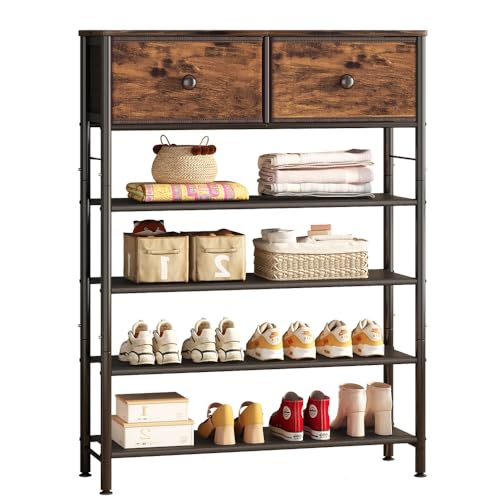 Image of INGIORDAR Shoe Rack Organizer 5 Tier Metal Organizer Shelf with Industrial MDF Board and Layer Fabric for Entryway Closet Bedroom Living Room Garage (Black+Rustic Brown, 5 Tier with 2 Drawers)