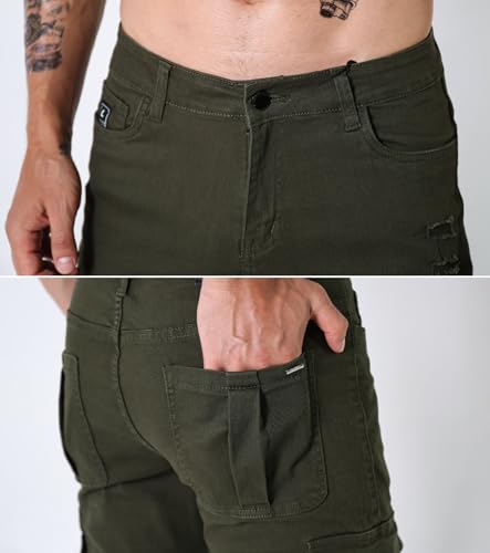 Image of L'MONTE Imported Multi Pockets Cotton Cargo Skinny Fit Stretchable Army Green Joggers Pant for Men
