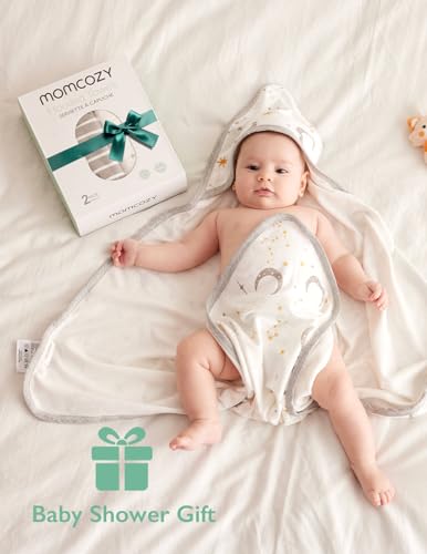 Image of Momcozy Baby Hooded Towel, 2 Pack Cotton Bath Towel for Boy or Girl, Super Soft Baby Towel with Original Design, Shower Gifts for Newborn (28 X 28 Inch, Starry Sky)