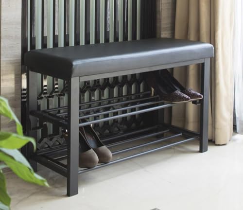 Image of Entryway Shoe Rack with Cushioned Seat, Shoe Bench for Entry, 2 Shelves Storage Faux Leather Top Bed Bench, Black