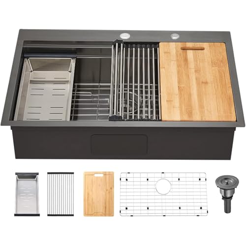 Image of SHACO 33x22 Black Drop In Kitchen Sink, 33 Inch Topmount Gunmetal Black Stainless Steel Single Bowl Overmount Double Ledges Workstation Sink with Accessories