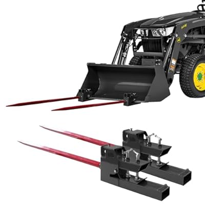 TIOYAR 49" Hay Spear Attachment, Dual Bale Spears 3000lbs Capacity, Universal HD Front Skid Steer Quick Attach Tractor Loader Bucket Attachment with 2pcs Spears & 2-Inch Trailer Hook (Black)