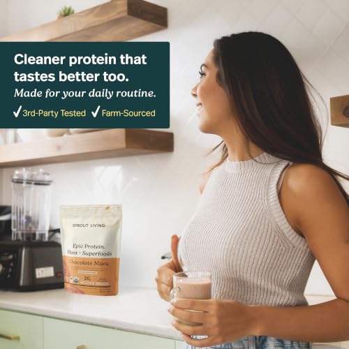Image of Sprout Living Epic Protein, Plant Based Protein & Superfoods Powder, Chocolate Maca Powder | 20 Grams Organic Protein Powder, Vegan, Non Dairy, Non-GMO, Gluten Free, Low Sugar (1 Pound, 12 Servings)