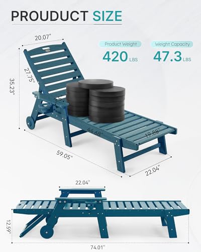 Image of Patio Chaise Lounge Chair Set of 4, Oversize Lounge Chairs with Wood Texture& Rolling Wheels, HDPE 6-Position Plastic Lounge Chairs for Poolside, Patio, Deck, Beach,Navy Blue