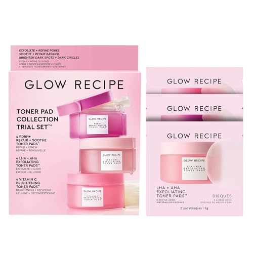 Glow Recipe Toner Pads Kit Trial Set 12-Piece Korean Toner Pad Kit with Exfoliating Soothing & Brightening Pads Fragrance-Free 5-Minute Facial Treatment for Sensitive Skin