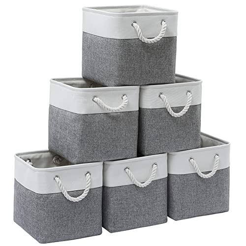 Image of MidmmVick 11 x 11 Inch Cube Storage Bins, 6 Pack Large Collapsible Fabric Storage Bin with Ropes, Foldable Storage Cubes for Home, Office,Closet, Clothes, Toys Organizer (White & Grey-11"x11"x11")