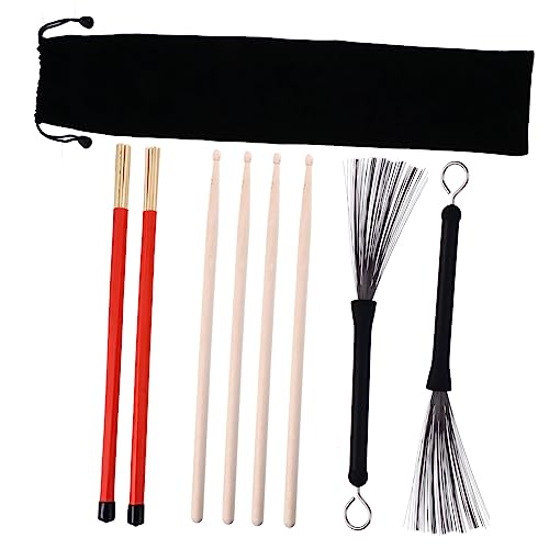 Set de 9 Baquetas LIFKOME con Mangos de Bambú y Cepillos de Alambre de Acero para Jazz y Rock con Soporte para Fácil Almacenamiento miniatura 1
