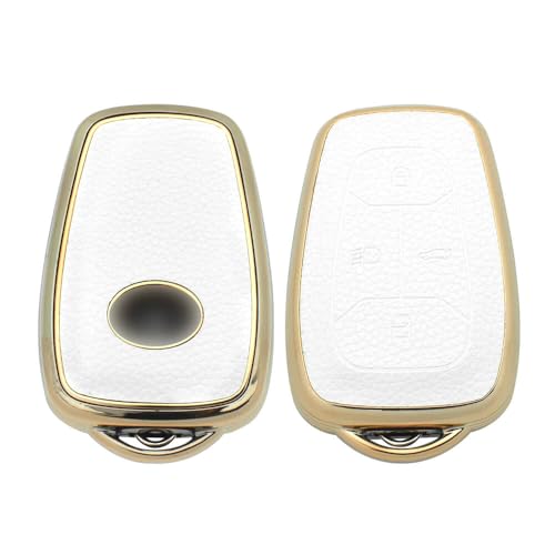 Image of keyzone litchi leather textured TPU key cover & keychain for Tata Nexon, Harrier, Safari, Altroz, Punch, Tigor smart key (White)