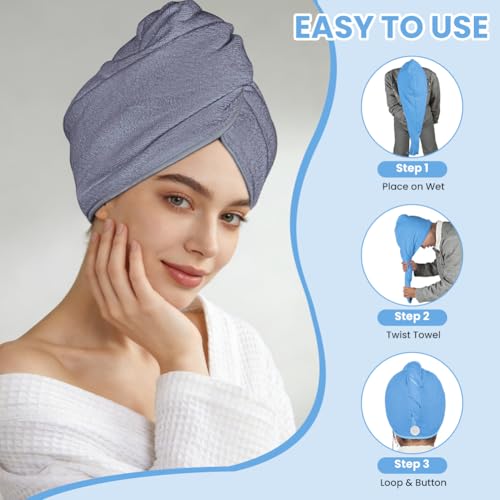 HOTUT Mikrofaser Handtuch Haare Turban,2 Stück Premium Haarturban mit Knopf,Turban Handtuch Handtücher Schnell Saugfähig mit Knopf Schnelltrocknendes für Kopf und Lange Haare Damen(Grau+Hellblau)