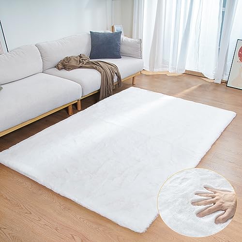 White Faux Rabbit Fluffy Fur Area Rugs for Bedroom Living Room Machine Washable Shag Rug 4x6 Nursery Rug Teen Room Decor