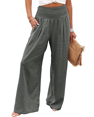 Baimiu Linen Pants for Women Wide Leg Long Trousers Casual Loose Straight Tottoms Elastic Waist High Waist Pant with Pockets Dark Grey