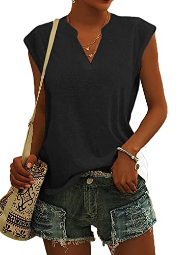 Cicy Bell Bluse Damen Elegant Ärmellose T-Shirt V Ausschnitt Cap Tops Shirt T-Shirts für Damen Sommer Hemden Oberteile Schwarz L