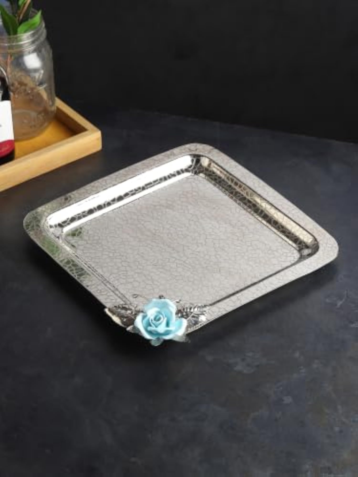 Silver Stainless Steel Square Tray with Blue Rose