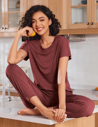 Image of Ekouaer 2 pack Pajama Sets for Womens Jogger Pants Pjs Short Sleeves Lounge Set Soft Sleepwear with Pockets