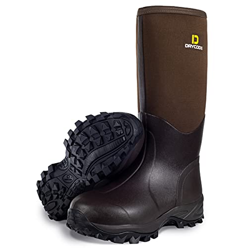 DRYCODE Muck Rubber Boots for Men, Waterproof Work Boots, 6mm Warm Rubber Neoprene Boot, Rain Boot Hunting Boot Outdoor Boot â€‹(Black & Brown)
