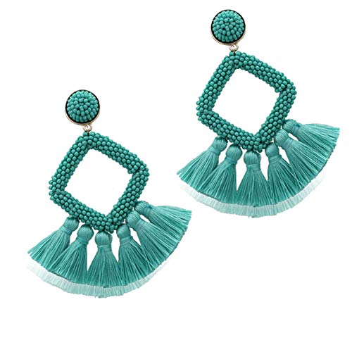 Beaded Tassel Drop Earrings - Statement Hoop Fringe Earrings Dangle, Gift Idea for Women, Girl, Mother, Sister, Daily Wearing (Mint Square)