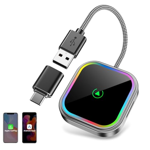 ESSGOO Mini Adaptateur sans Fil pour Apple CarPlay/Android Auto, 2 en 1 Adapter CarPlay sans Fil Bluetooth avec Prise USB A/C,Compatible avec iOS 10+ et Android 11+,RGB à Commande Vocale,Plug and Play