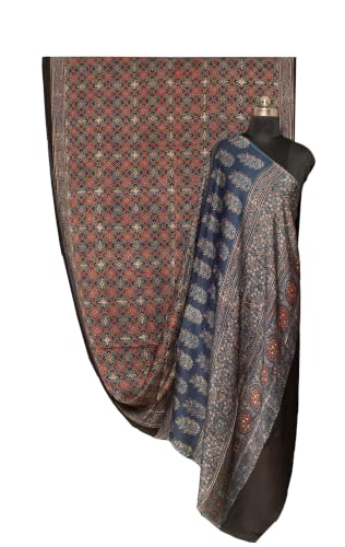 Image of Ethnics of Kutch Womenss Ajrakh Modal Silk Natural Dye Hand Block Print Saree with Blouse Piece - 5.5 Mtr Length