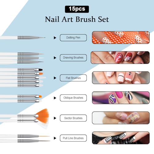 URAQT Nail Art Brushes Set, 15pcs Acrylic Nail Brush Painting Pen and 5pcs Nail Dotting Tools Kit, Nail Pen Kit Nail Art Painting Designer for Diy & Professional Use, White - Image 3