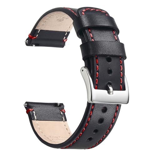 Artthurse Top Grain Leather Watch Band, Quick Release Genuine Leather, 20mm 22mm Watch Strap for Men and Women (20mm, Black Red/Silver)