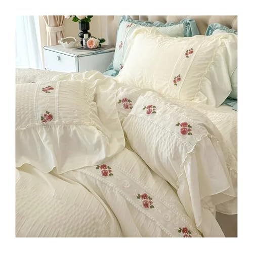 Juego de Ropa Cama Gasa Encaje, Juego Funda nórdica Bordada Elegante, Juegos edredón con Volantes(180x200cm Bed 4 pcs)